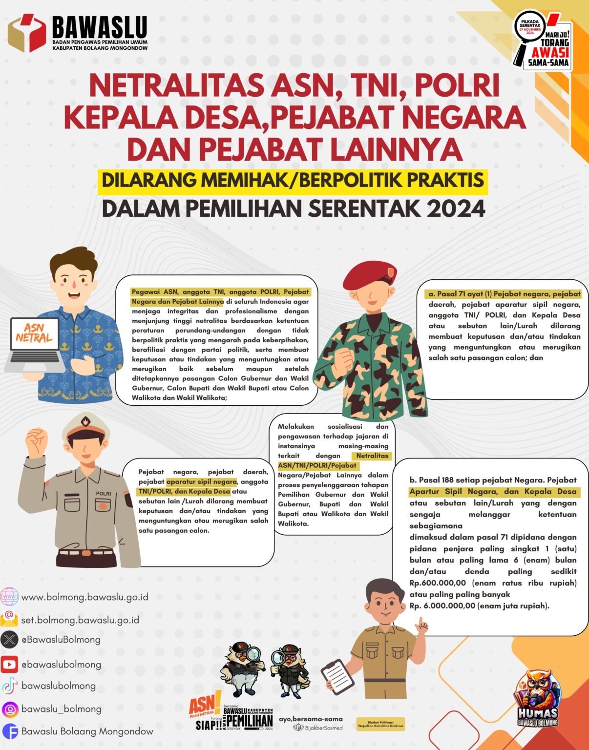 Bawaslu Bolmong Imbau ASN, TNI/Polri Serta Perangkat Desa Jaga Netralitas di Pilkada Serentak 2024