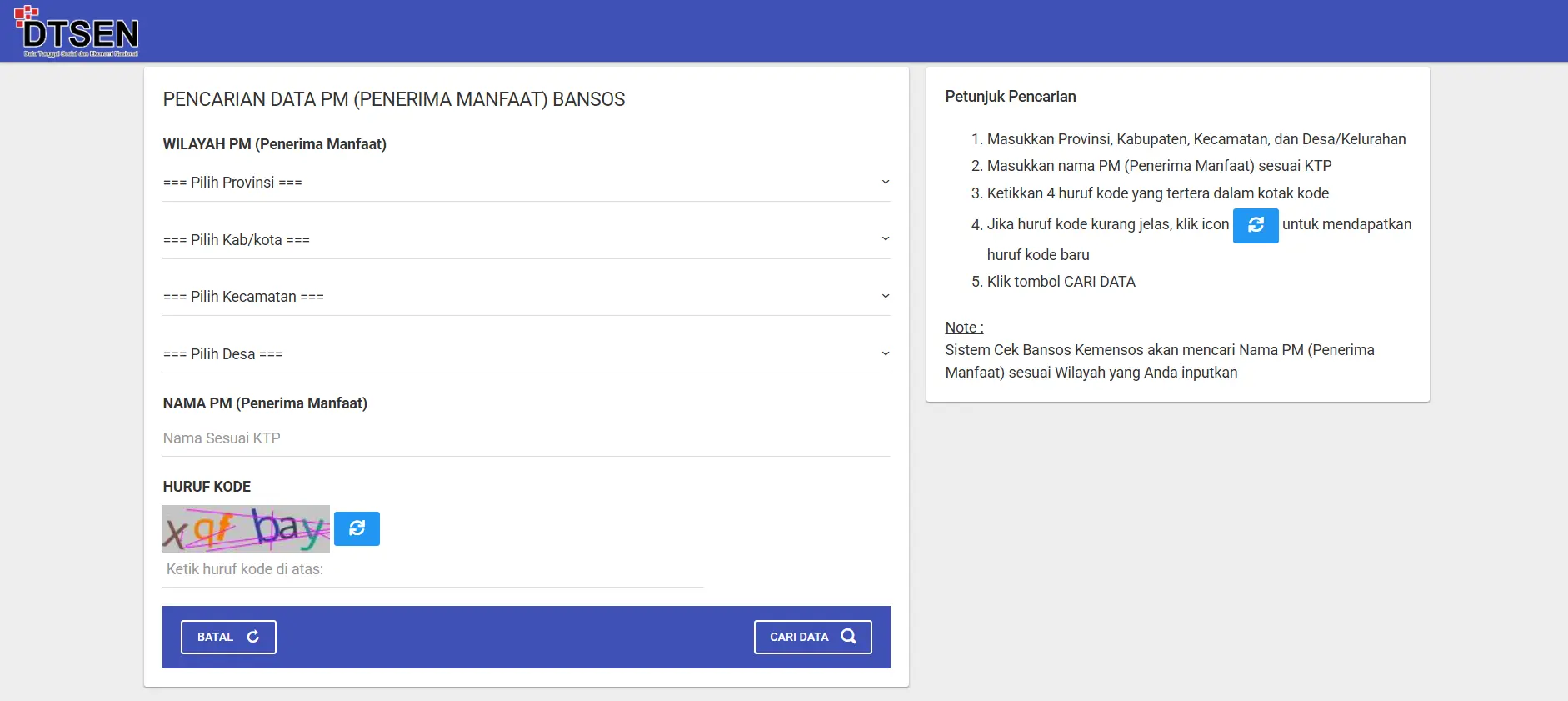 Tampilan dasboard web resmi cek bansos Kemensos