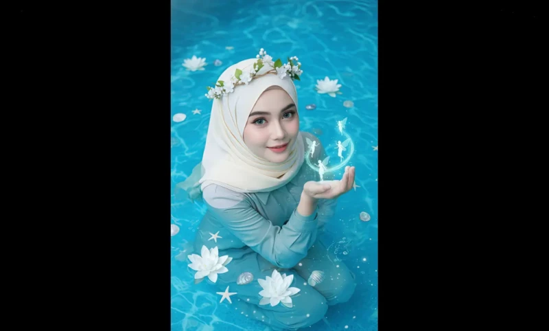 Prompt AI untuk Potret Wanita Berhijab Bawah Laut, Fine Art Portrait Realistis