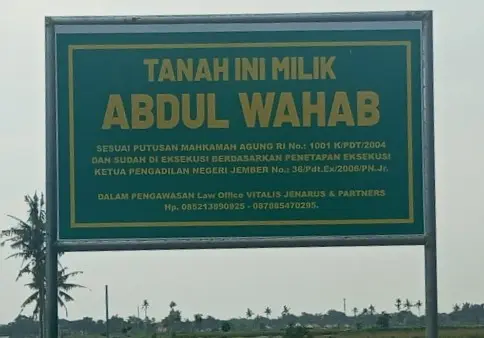 Plang tanah milik ahli waris sah almarhum Abdul Wahab. (Foto: Dok. Istimewa)