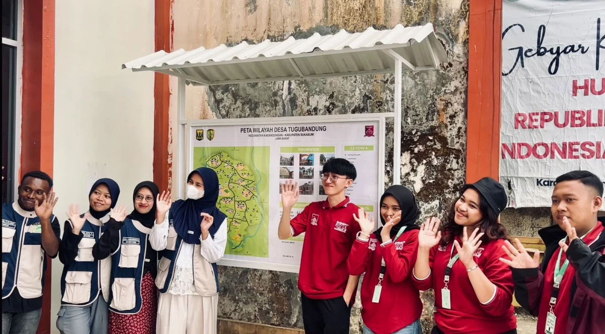 Peta Desa Tugubandung berbasis ilustrasi karya mahasiswa KKN Riset 14E Universitas Nusa Putra. (Foto: Dok. Istimewa)